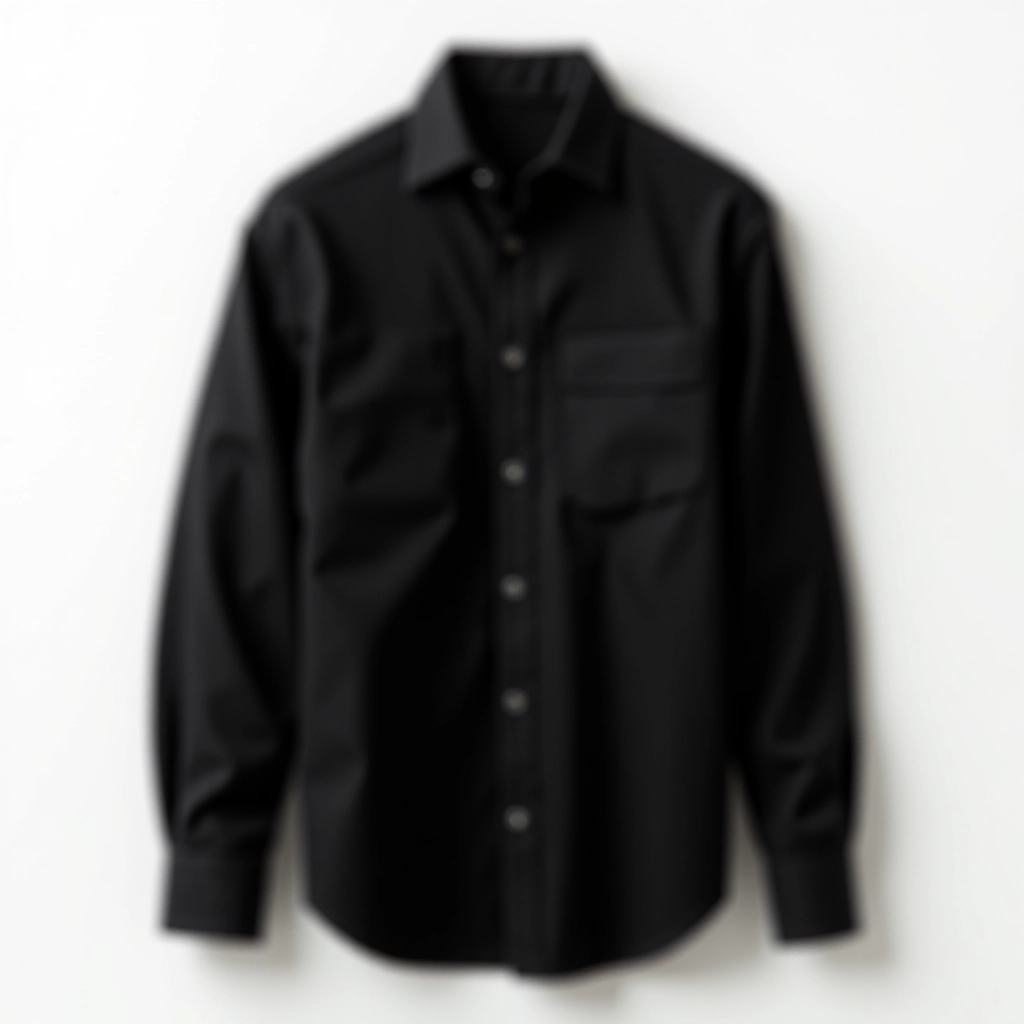 Black cotton jacket shown buttoned and angled, studio lighting highlighting fabric drape and seaming details, professional product photography