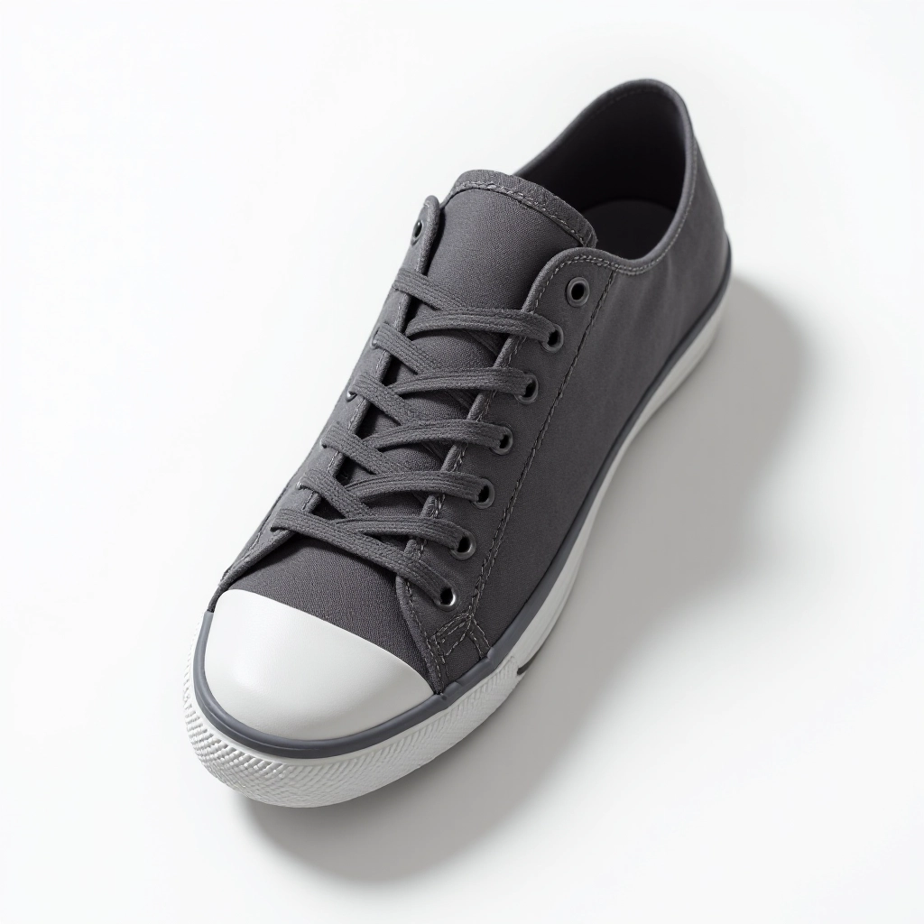 Urban canvas sneaker displayed on clean white surface, showing charcoal grey color and detailed stitching, top-down view with natural studio lighting