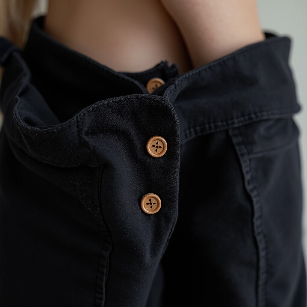 Close-up detail of black cotton jacket showing topstitched seams, wooden button construction, and fabric texture with even lighting highlighting the stitching quality