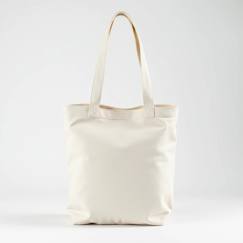 Cream canvas tote standing upright on white background, handles naturally draped, showing front and side profile with visible stitching details
