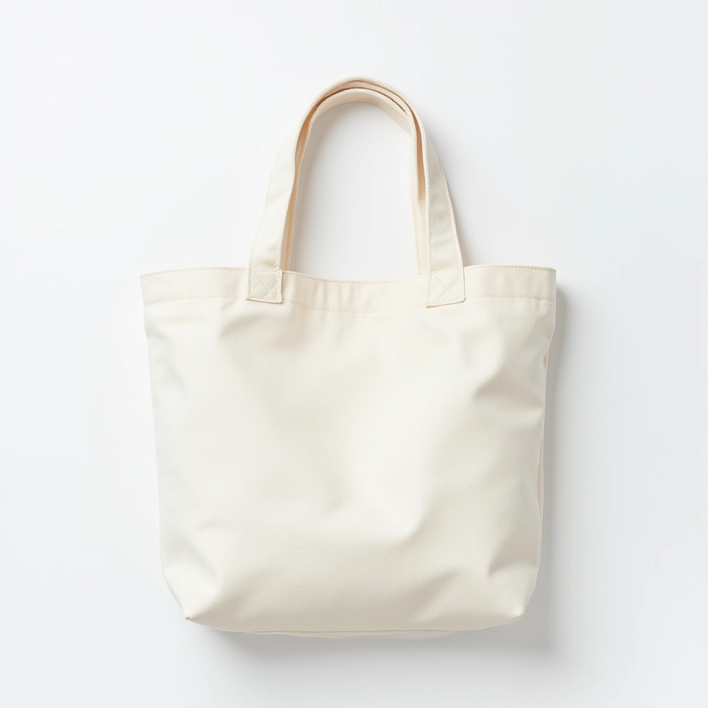 Flat lay product shot of cream canvas tote showing full dimensions and shape from above, white background with ruler reference