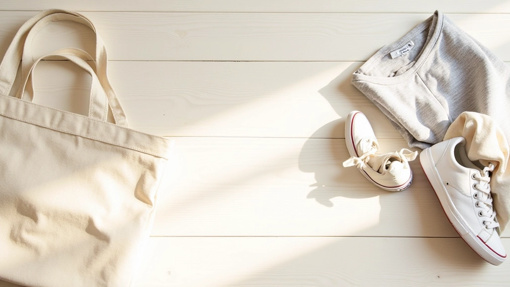 Modern casual workspace showing folded canvas tote, sneaker, and neutral clothing pieces arranged on light wooden surface with natural morning light streaming across