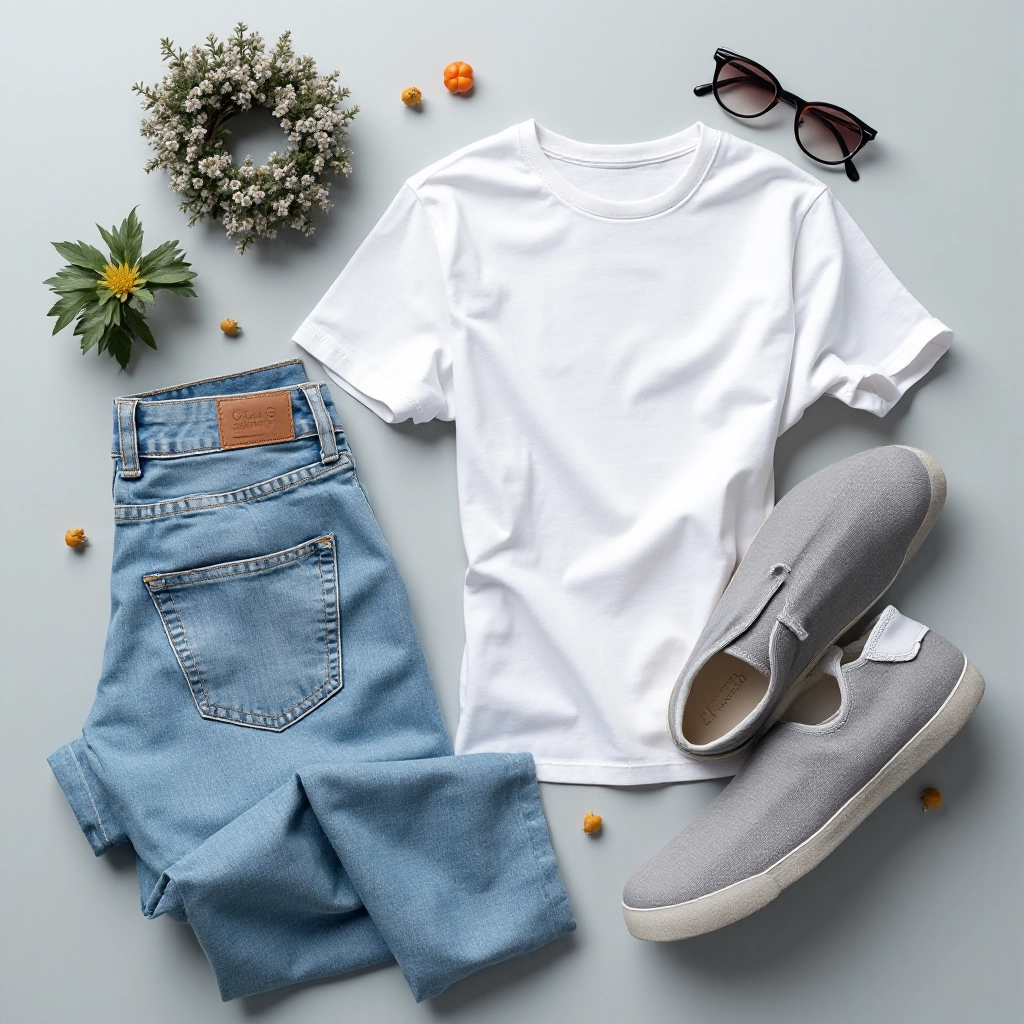 Styled flat lay showing grey canvas sneaker with casual clothing items, jeans, and neutral color palette on light background