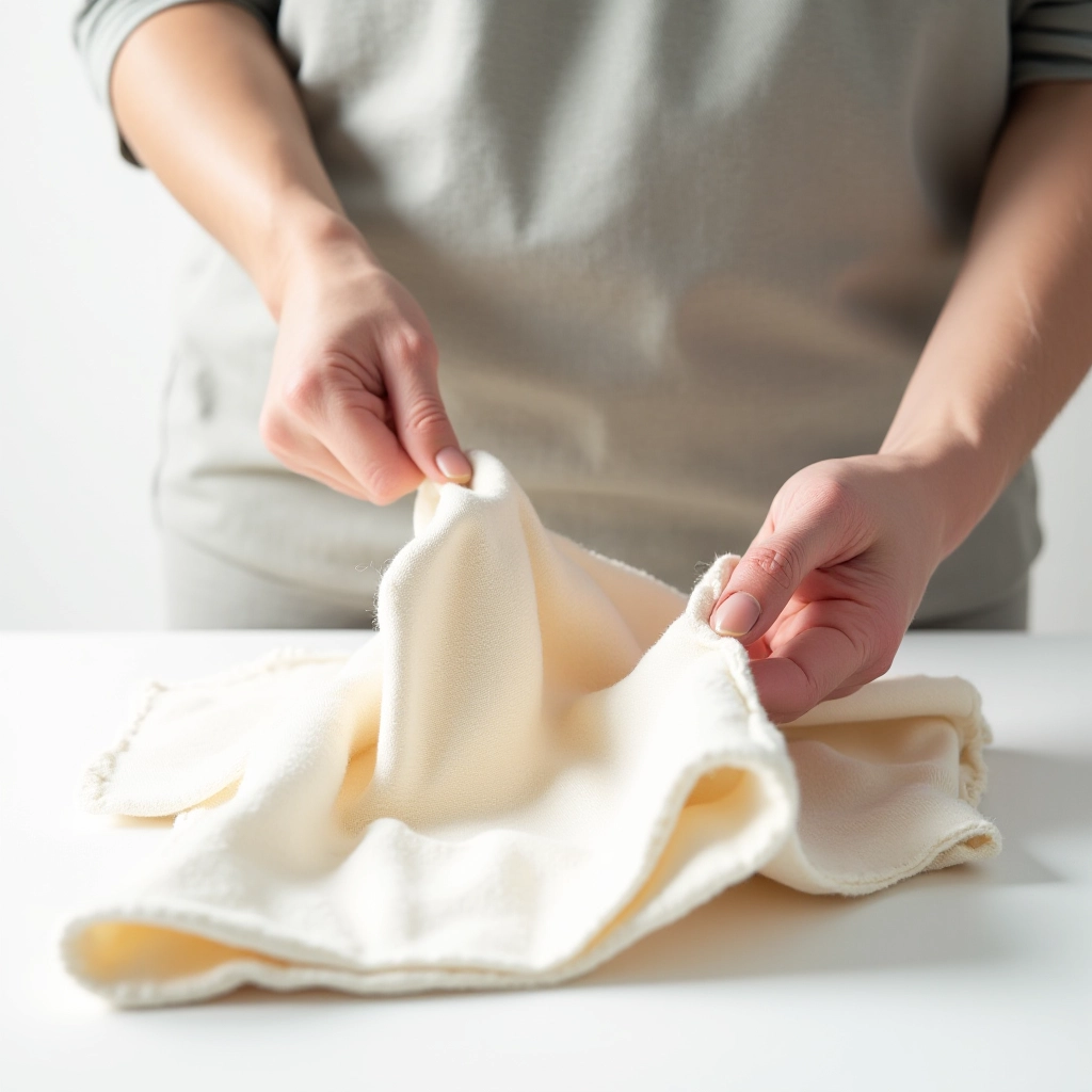 Hands gently cleaning cream canvas tote with soft brush and cloth, demonstrating care techniques